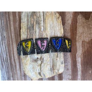 Vintage Multi-Color Panel Bracelet With Art Nouveau Enamel Shield Design & Brass